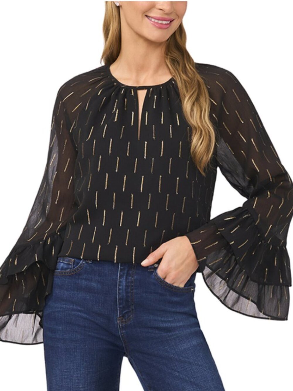 CeCe Tiered Sleeve Front Keyhole Blouse Rich Black Metallic Thread Size Large